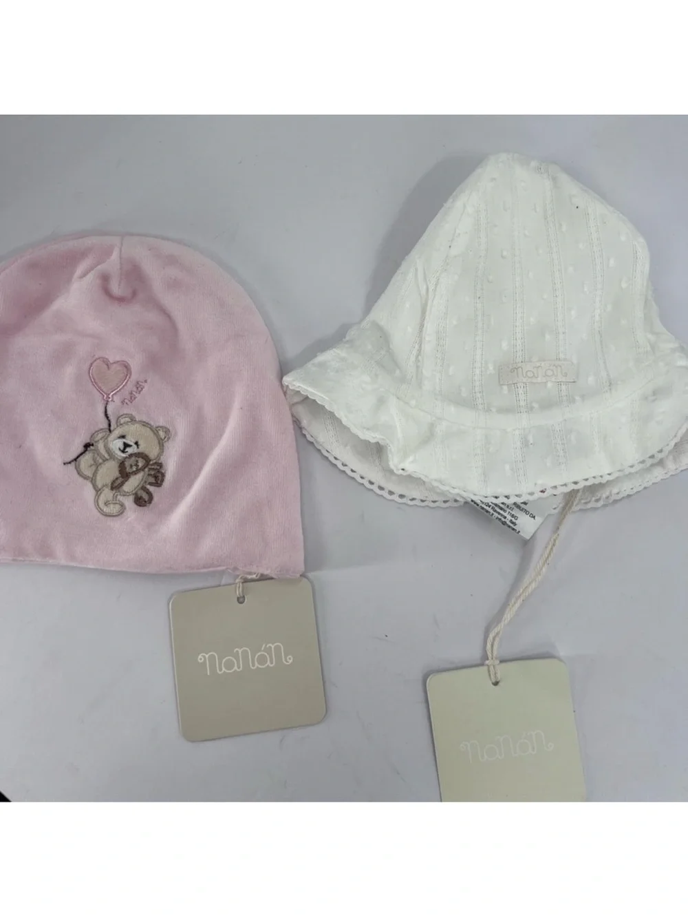NWT Baby Girl Hat Bundle 6-12M Pink Teddy Beanie & White Eyelet Sun Hat NWT